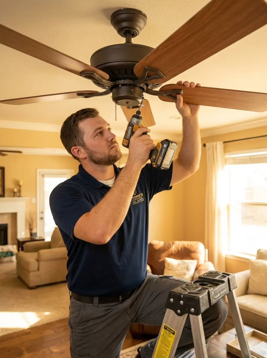 Stork's technician attaching ceiling fan blades during an installation in Dallas, TX