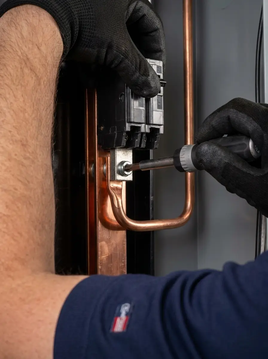 Electrician replacing a circuit breaker in a Dallas home's electrical panel