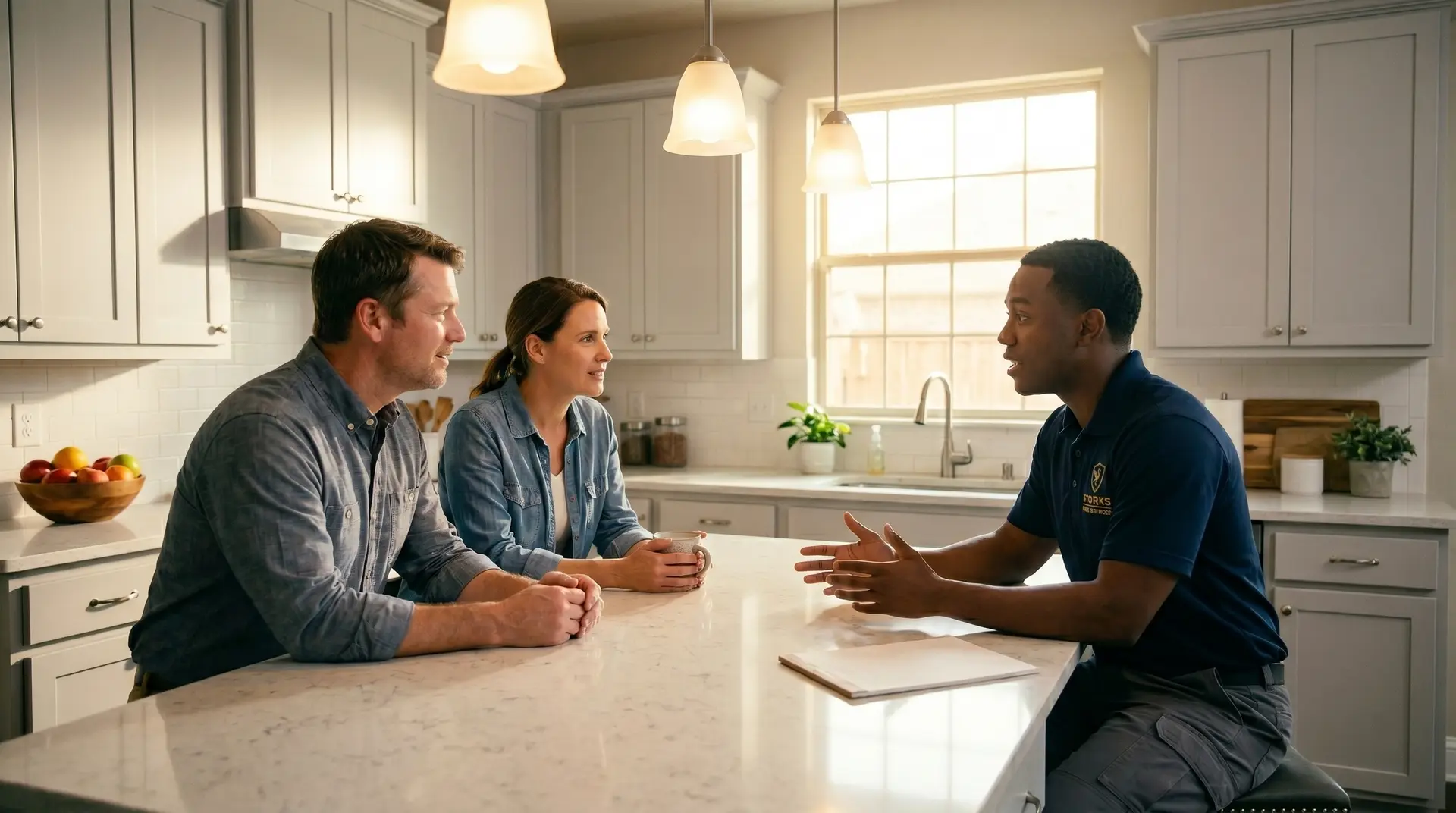 Stork's Home Services electrician discussing an electrical project with Dallas homeowners at their kitchen table
