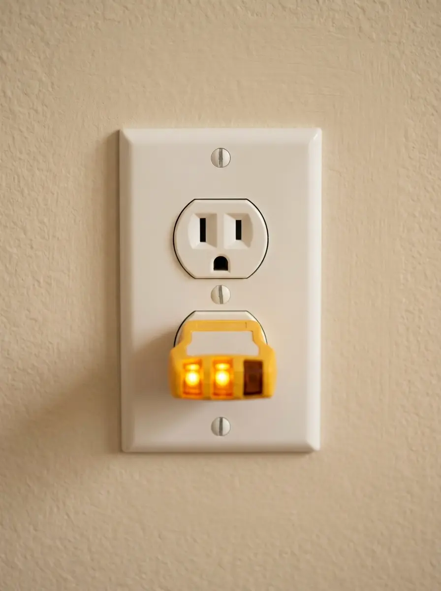 Outlet tester confirming correct wiring on an upgraded three-prong outlet