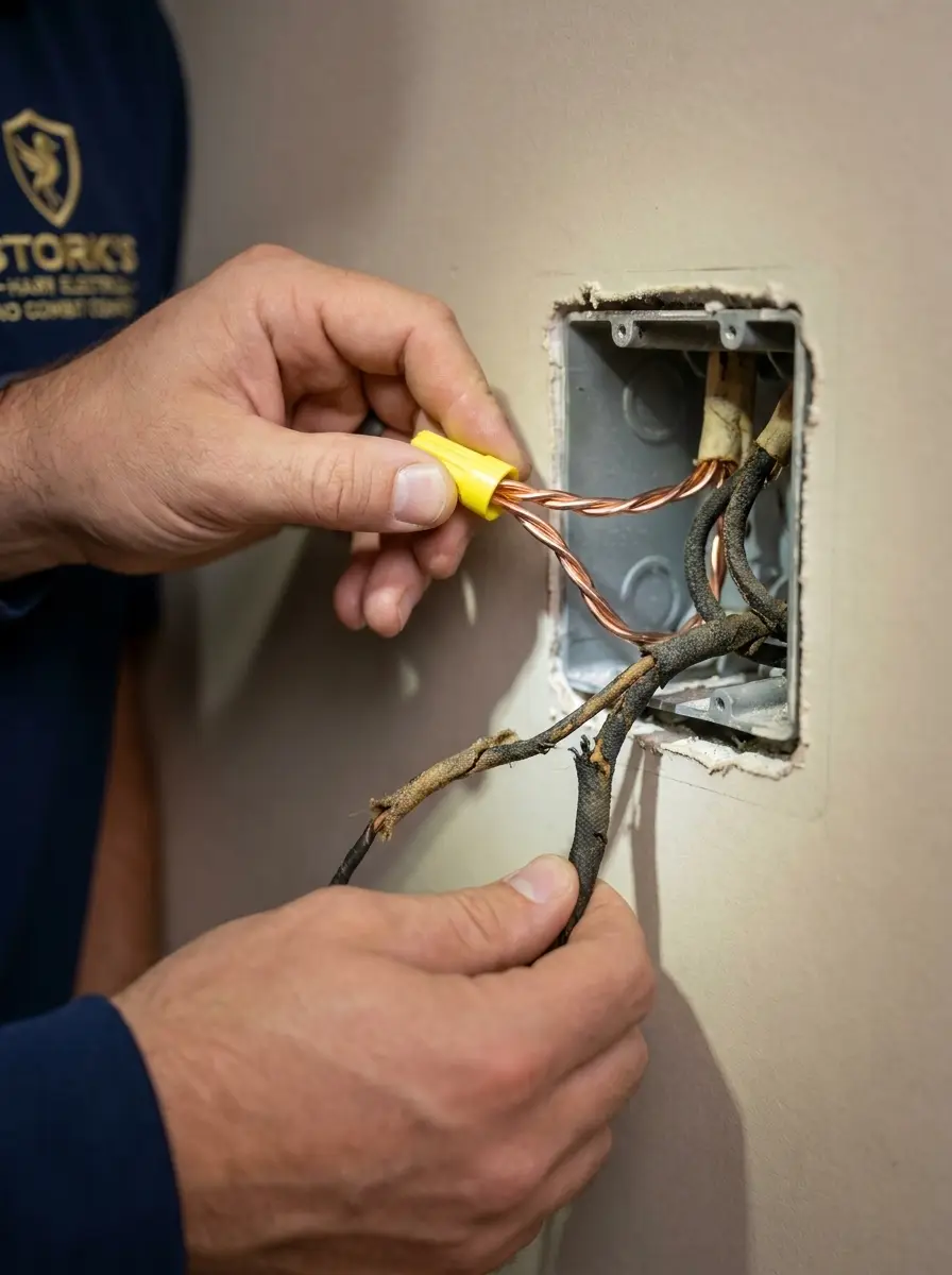 Electrician joining new copper wiring to existing wiring in an older Dallas, TX home