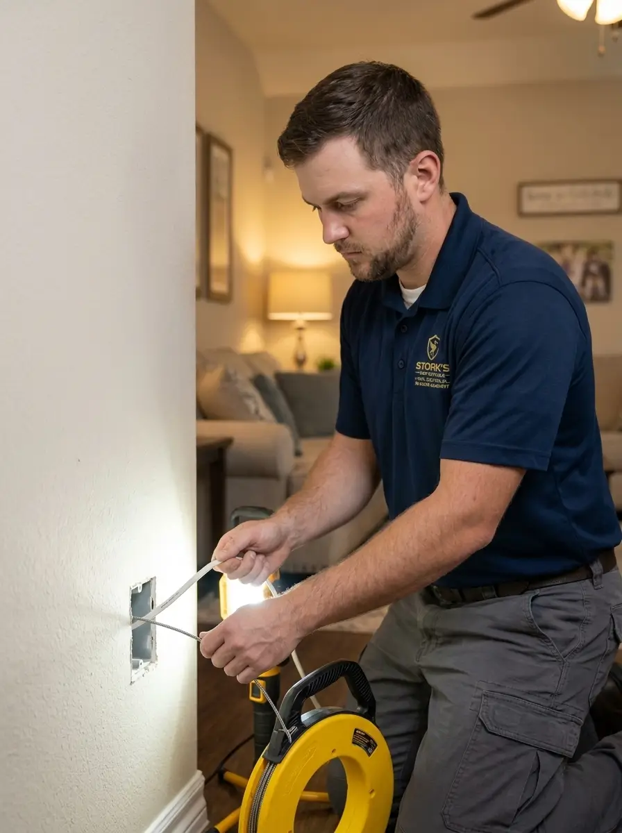 Stork's electrician fishing new electrical cable through a wall during a partial rewire