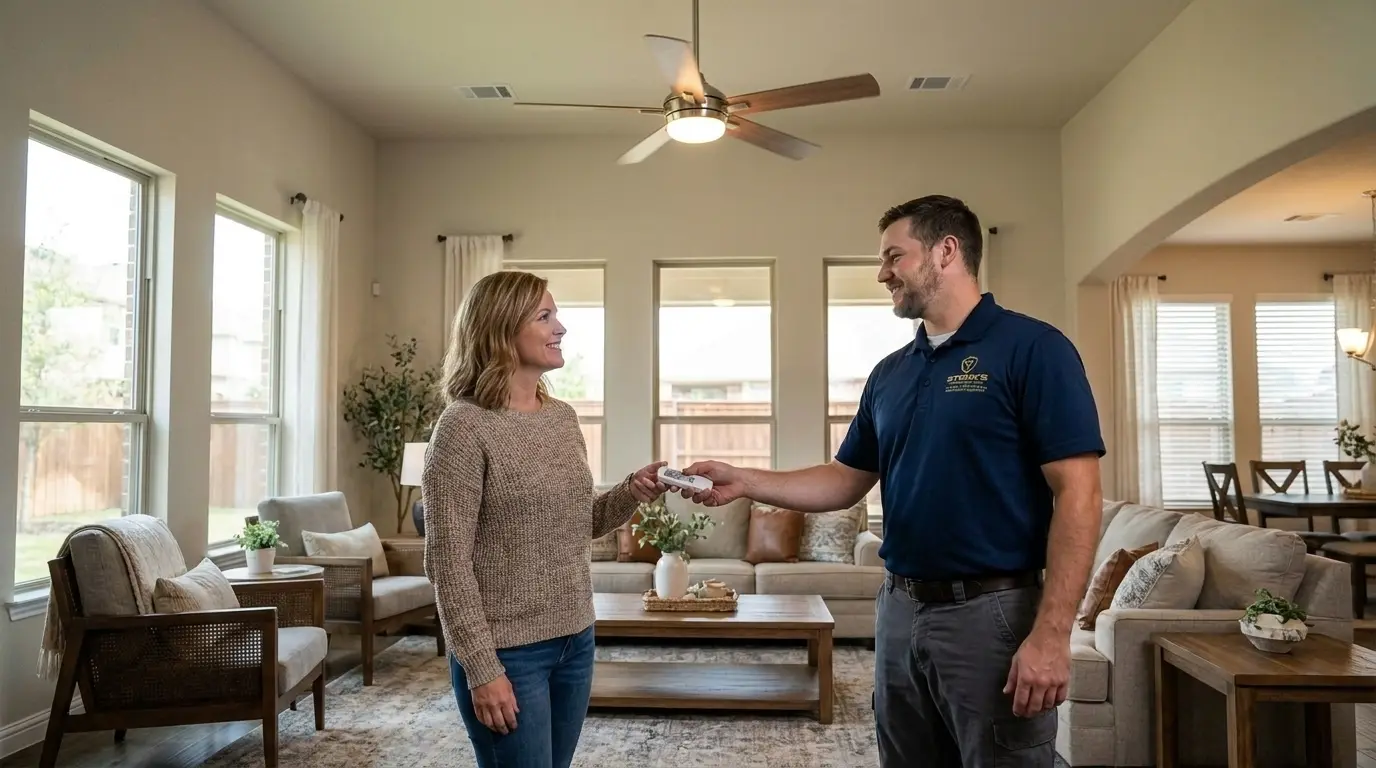 Stork's technician handing an Allen, TX homeowner the remote for a newly installed ceiling fan
