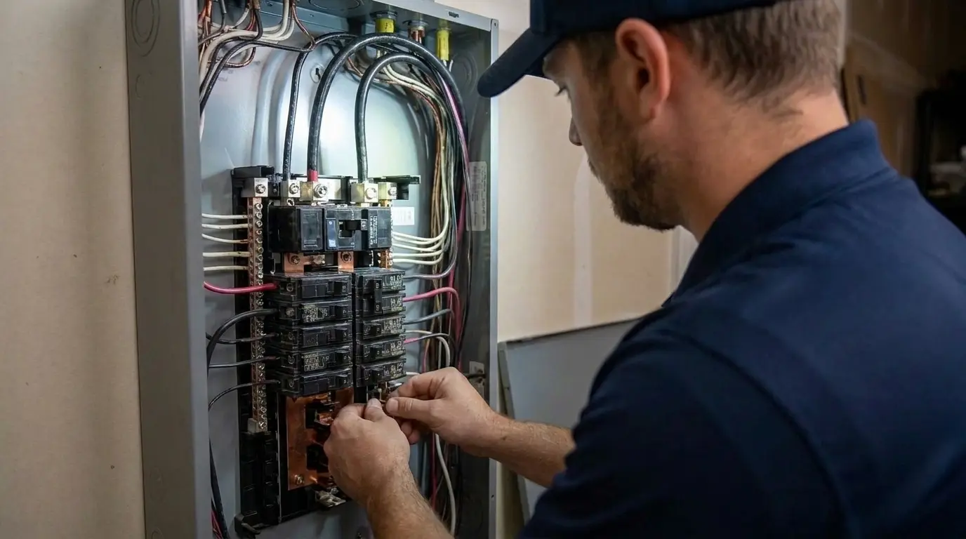 Licensed electrician landing circuits in an electrical panel at a Carrollton, TX home