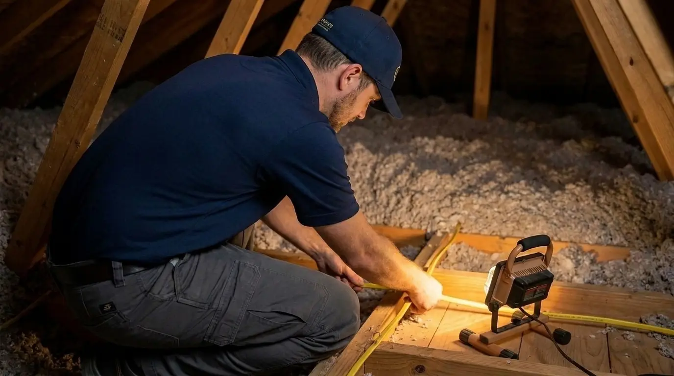 Stork's electrician running new electrical cable through the attic of a Celina, TX home