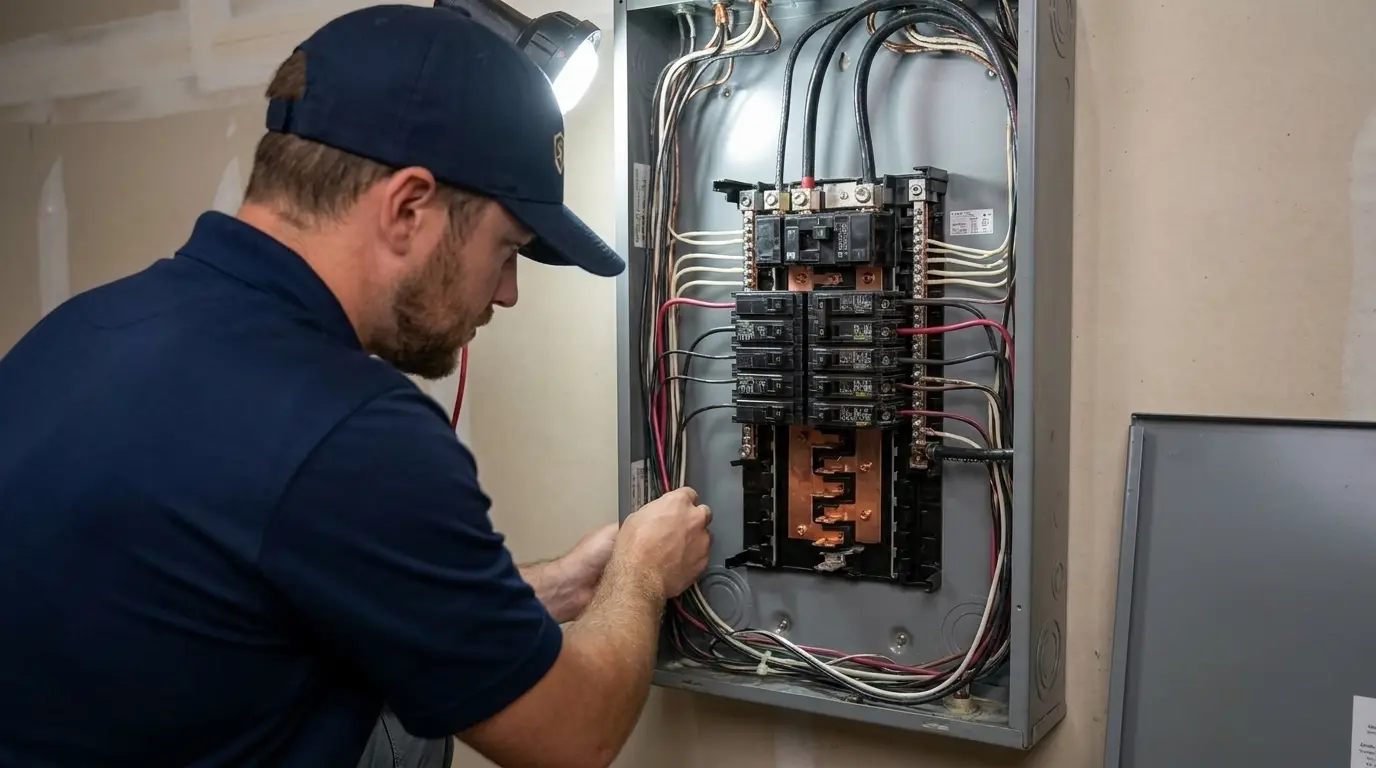 Stork's Home Services licensed electrician working inside a breaker panel at a Dallas, TX home