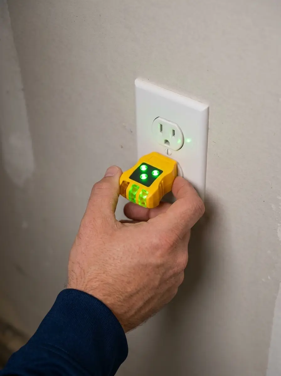 Outlet tester confirming correct wiring at a Forney, TX home