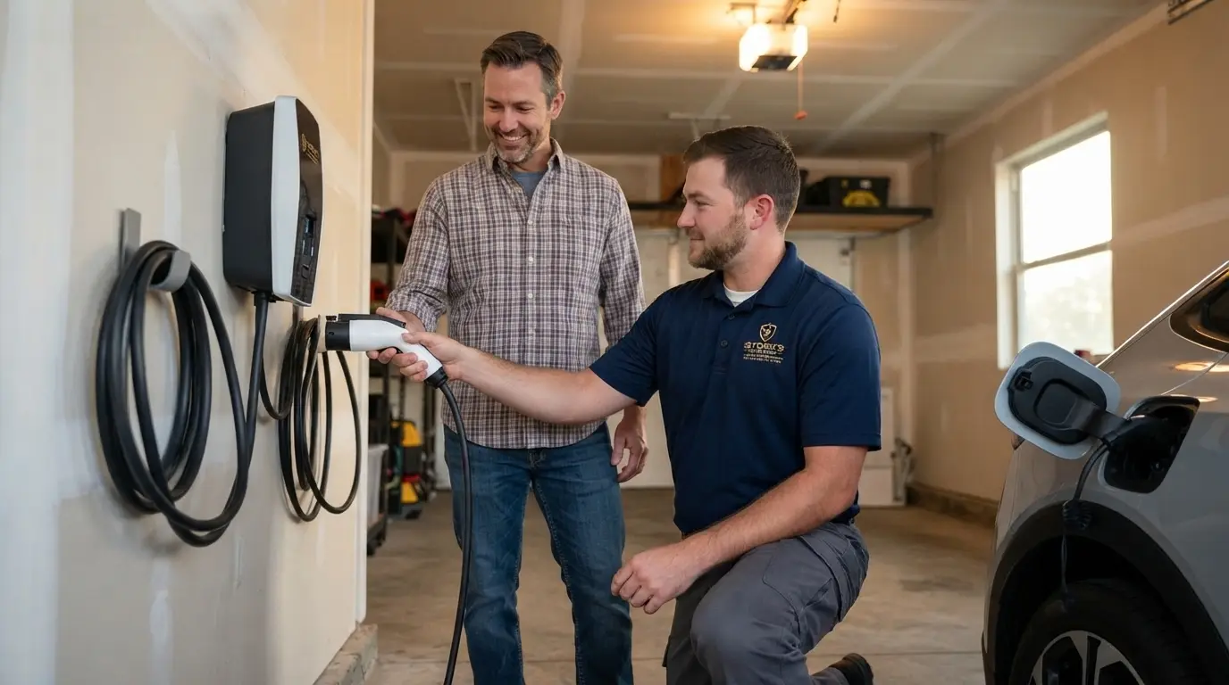 Stork's electrician handing a Frisco, TX homeowner the connector of a newly installed EV charger