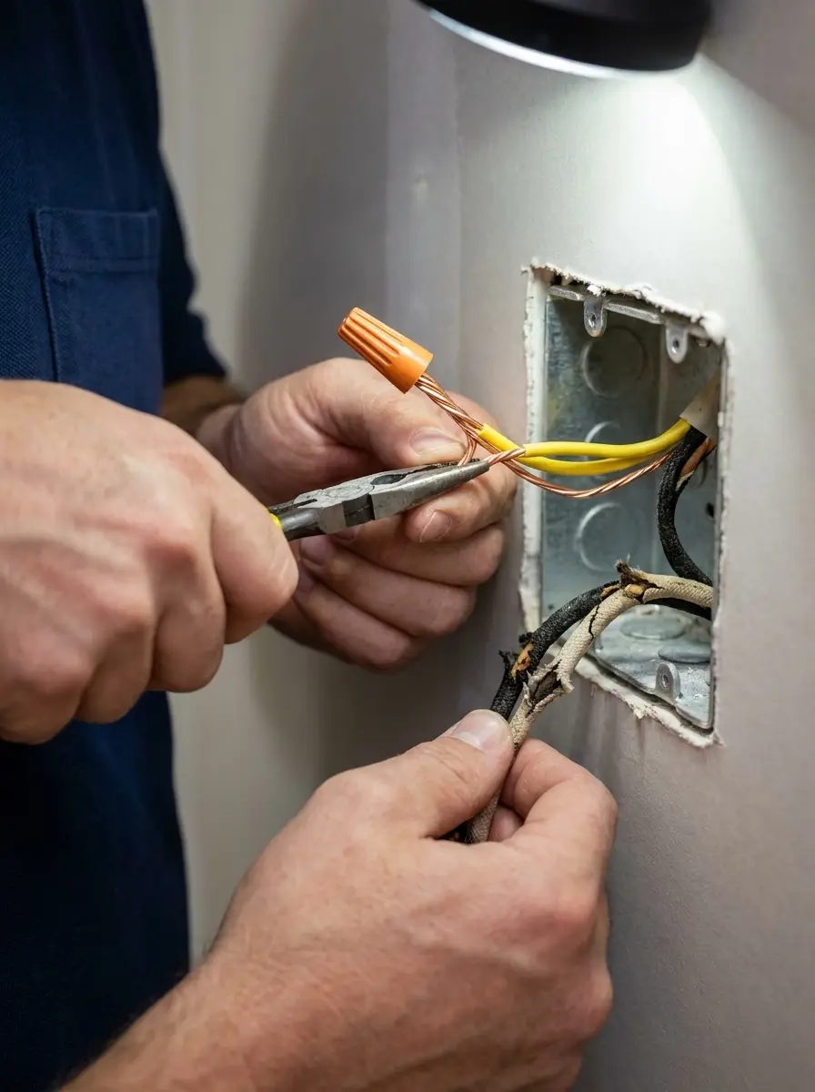 Electrician joining new copper wiring to existing wiring in a Garland, TX home