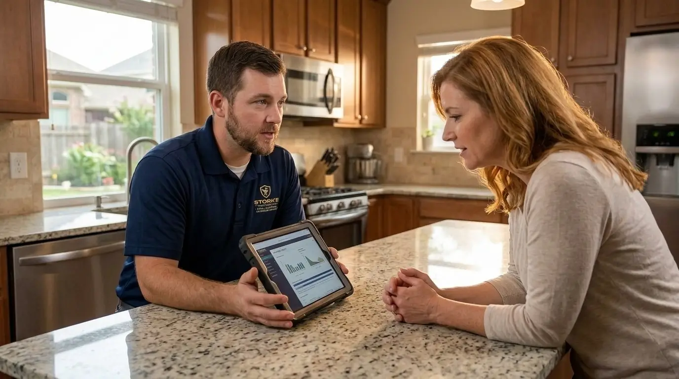 Stork's electrician reviewing electrical findings with a McKinney, TX homeowner at the kitchen island