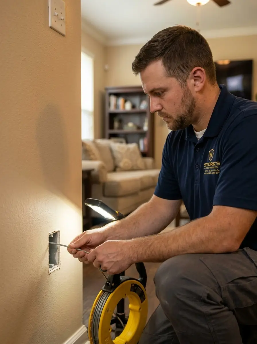 Electrician fishing new electrical cable through a wall in a Mesquite, TX home