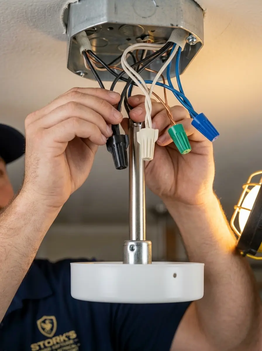 Electrician connecting ceiling fan wiring in a Murphy, TX home
