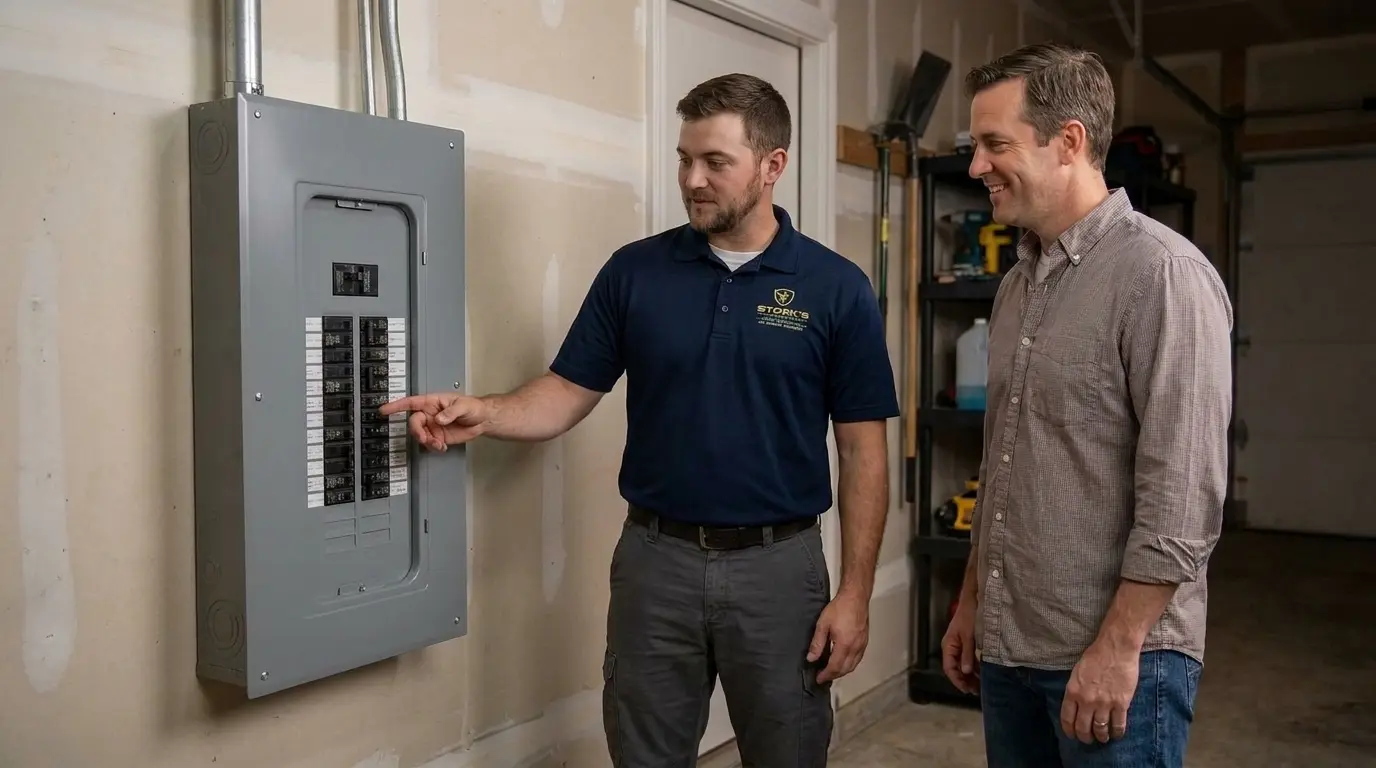Licensed electrician walking a Plano, TX homeowner through their electrical panel