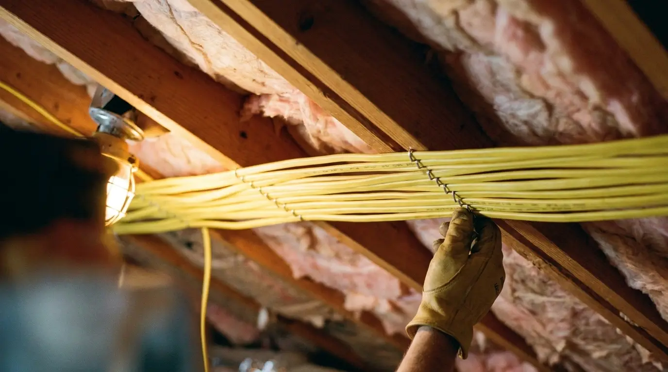 New electrical cabling neatly run across attic rafters in a Prosper, TX home