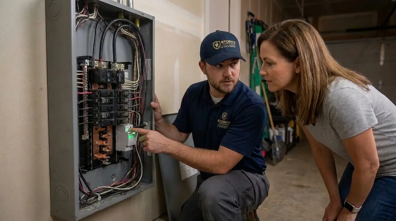 Licensed electrician explaining a panel upgrade to a Richardson, TX homeowner