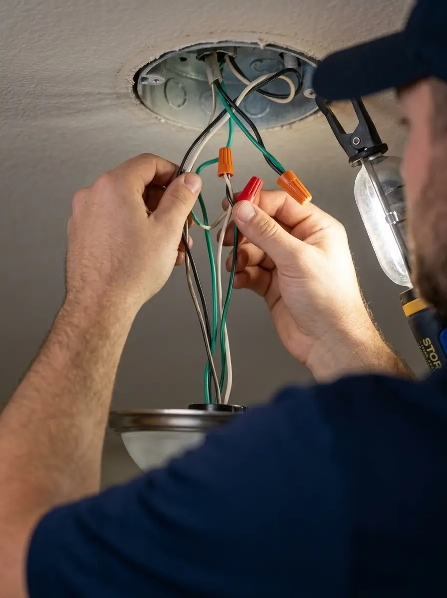 Electrician wiring a new light fixture in a home in The Colony, TX