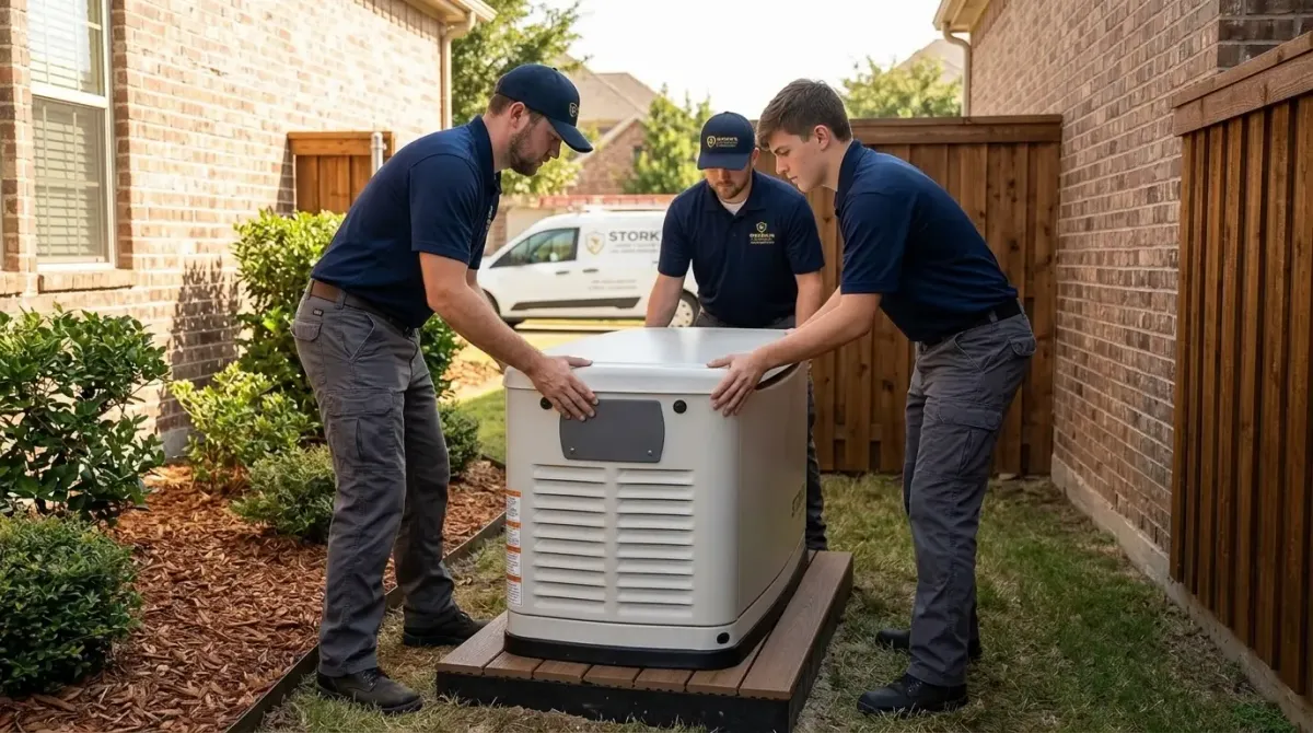 Stork's Home Services electricians installing a standby generator at a Wylie, TX home