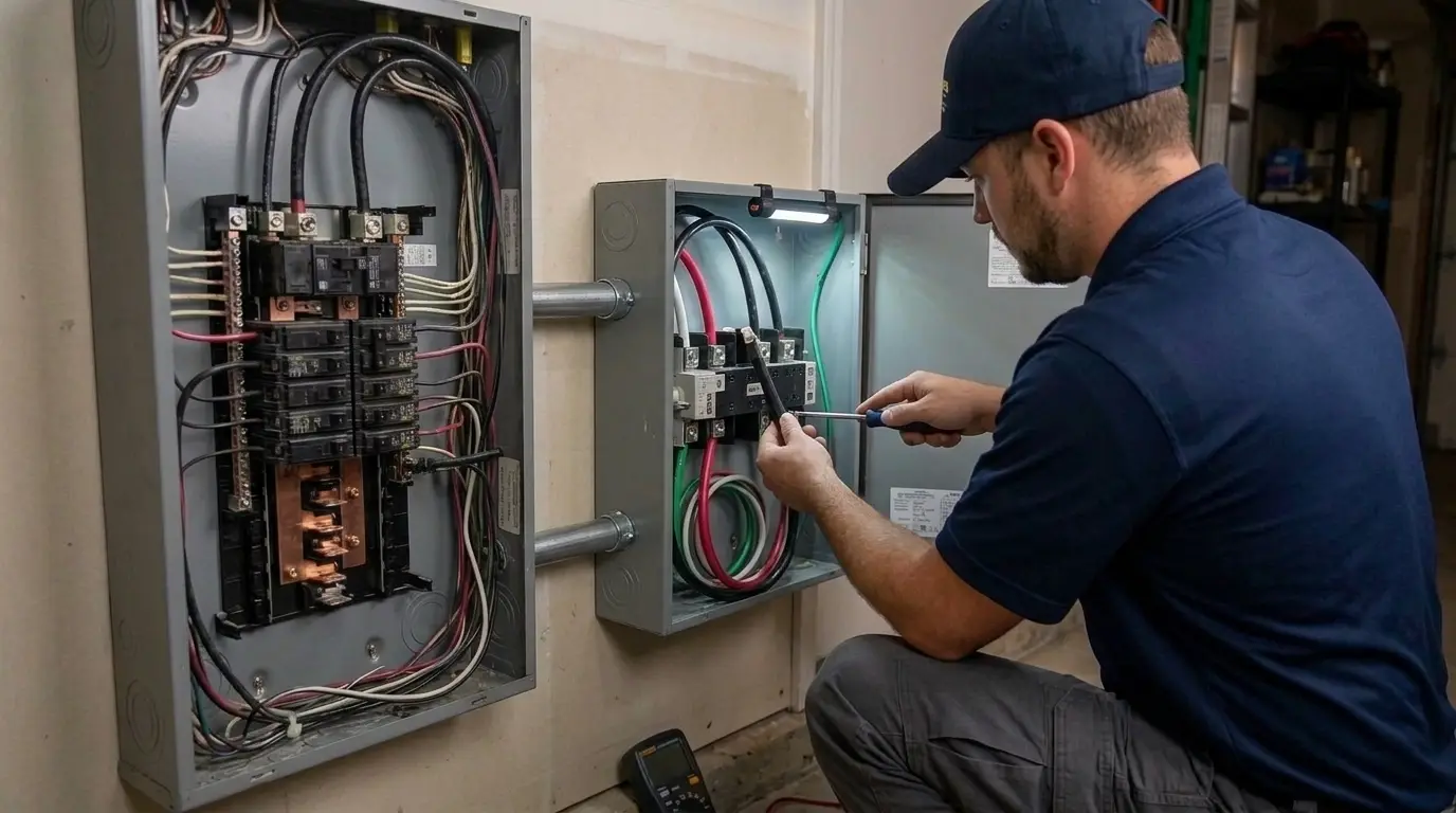 Electrician installing an automatic transfer switch for a whole-home generator