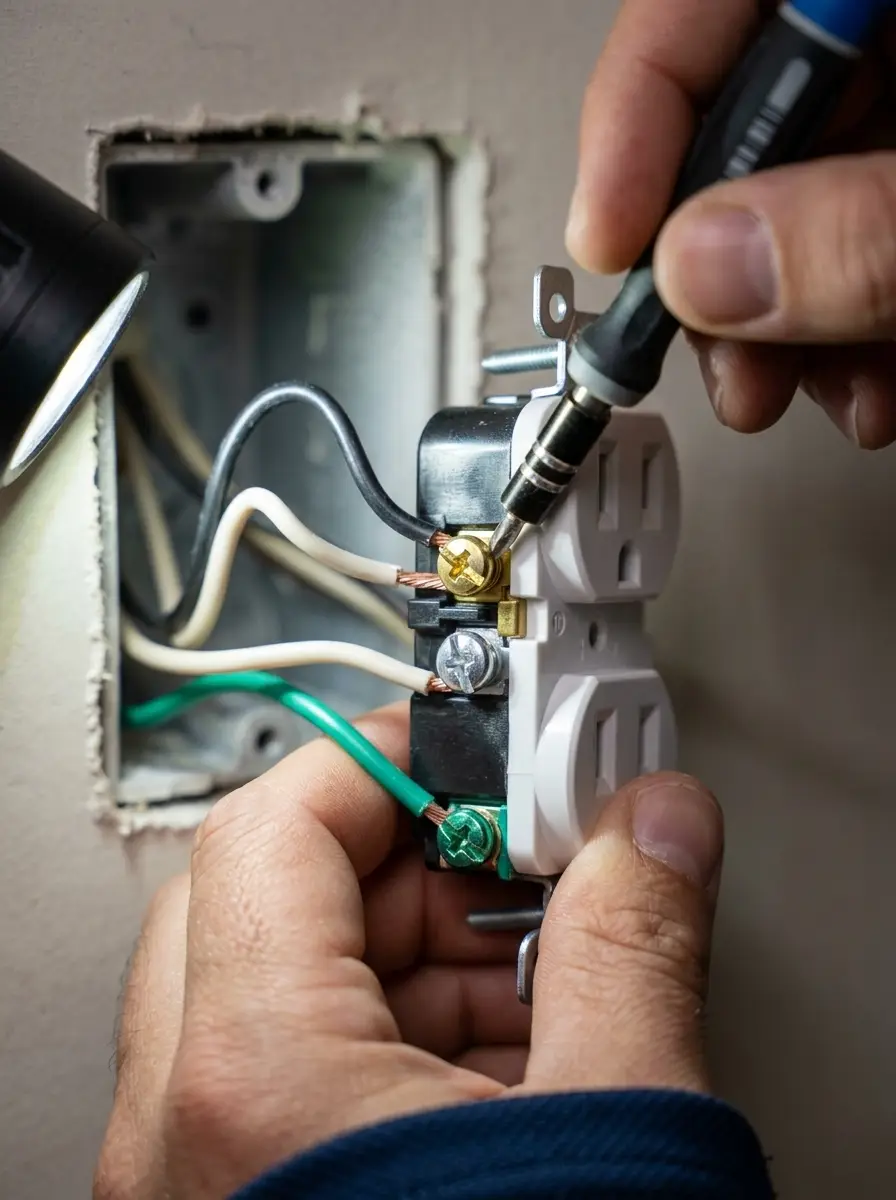 Electrician landing conductors on a new outlet in a Dallas, TX home
