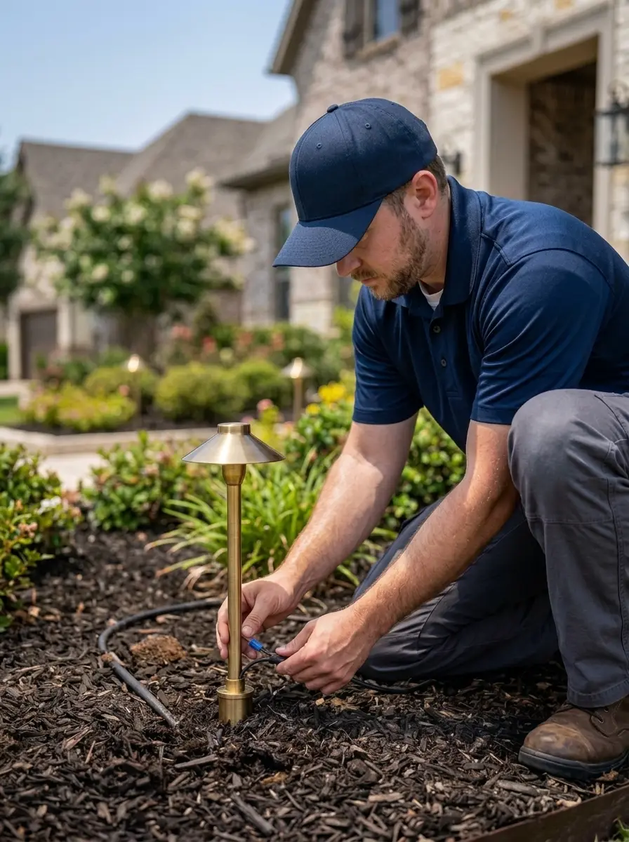 Electrician setting a landscape path light outside a Dallas, TX home