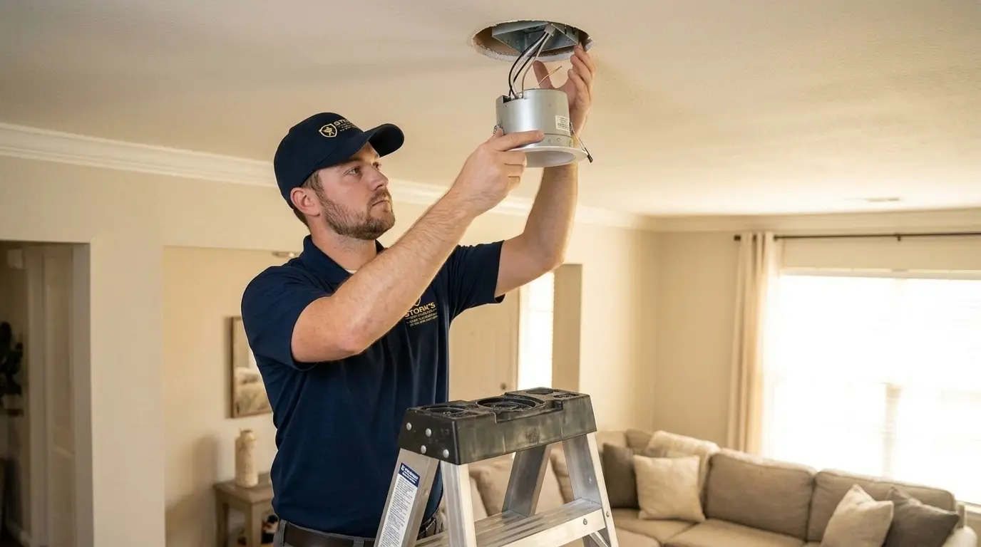 Stork's electrician installing recessed lighting in a Dallas, TX living room