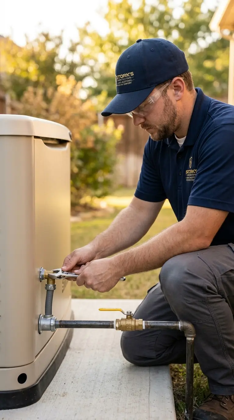 Stork's technician connecting the fuel line for a standby generator installation in Dallas, TX