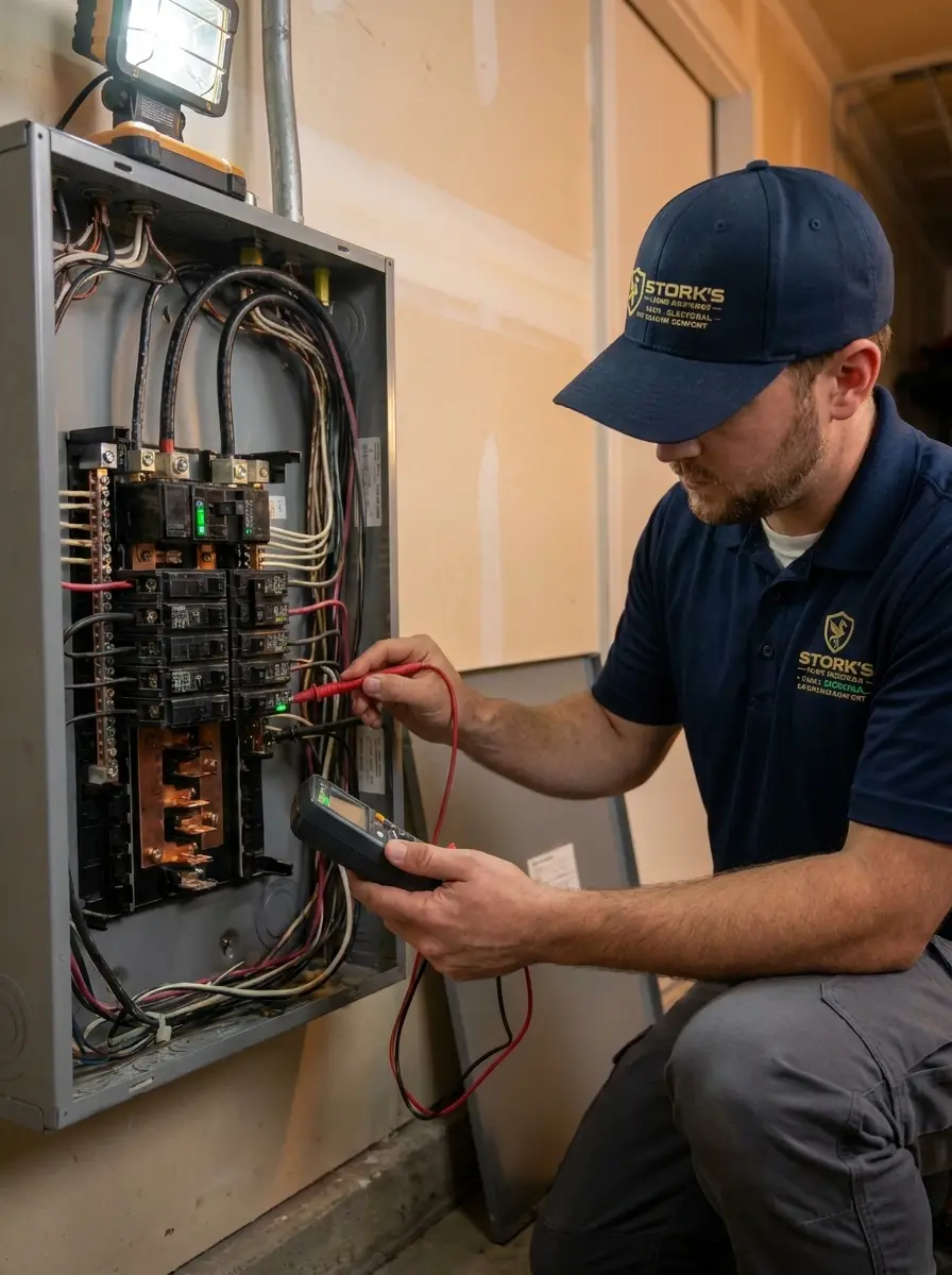 Stork's electrician verifying a panel-mounted surge protector with a multimeter