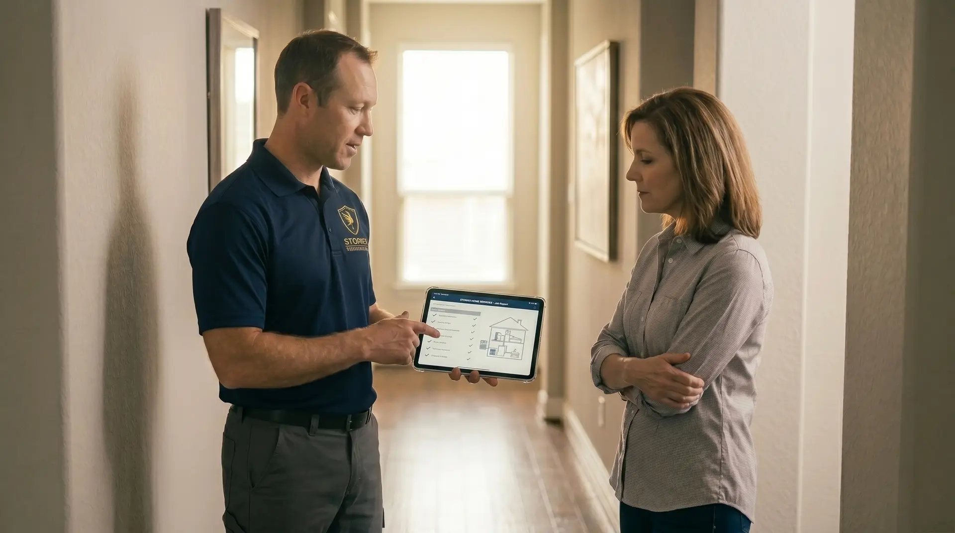 Stork's technician showing a Dallas, TX homeowner her new smart thermostat's app