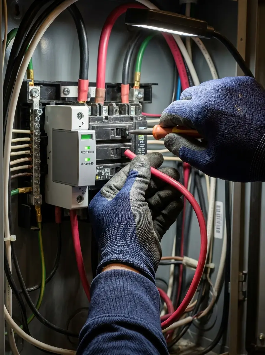 Whole-home surge protection device being wired into a Dallas, TX electrical panel