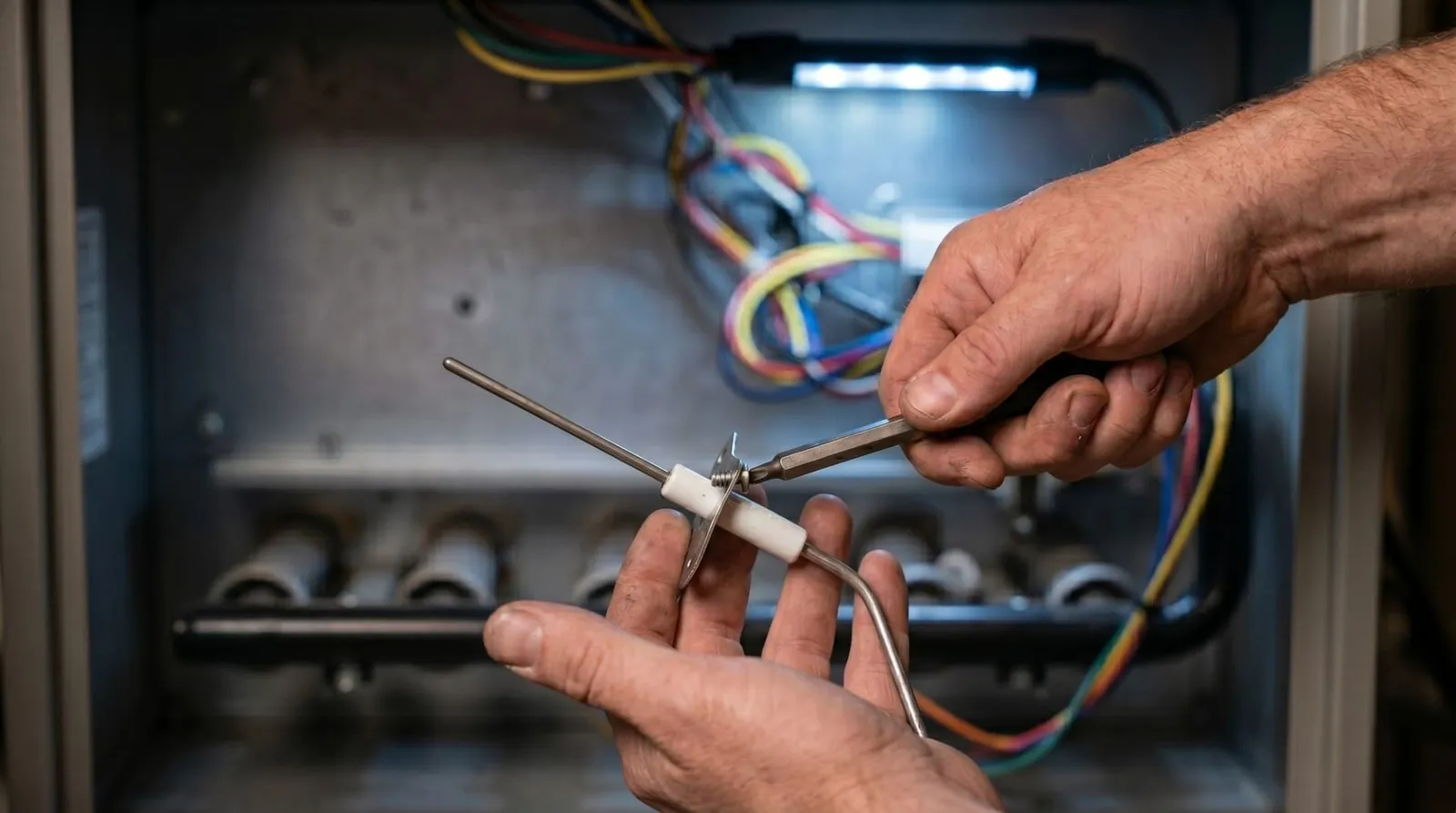 Stork's Home Services technician cleaning a furnace flame sensor during a tune-up in Dallas, TX