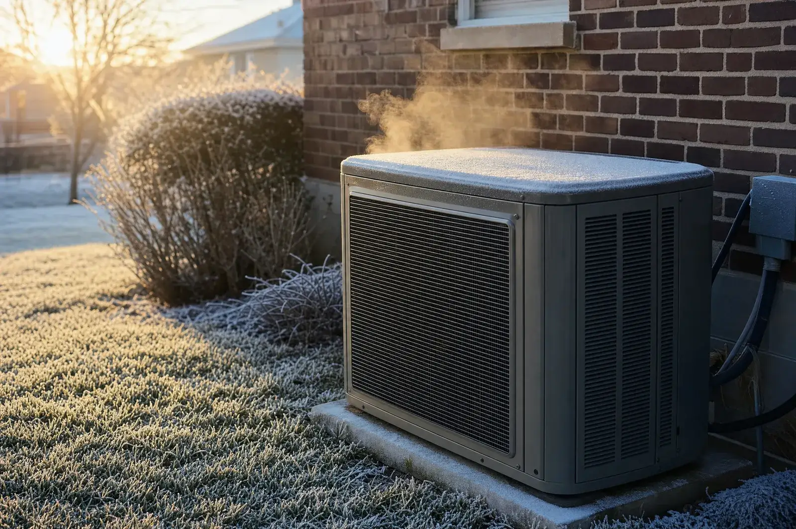 Heat pump outdoor unit steaming during a defrost cycle on a frosty morning in Dallas, TX