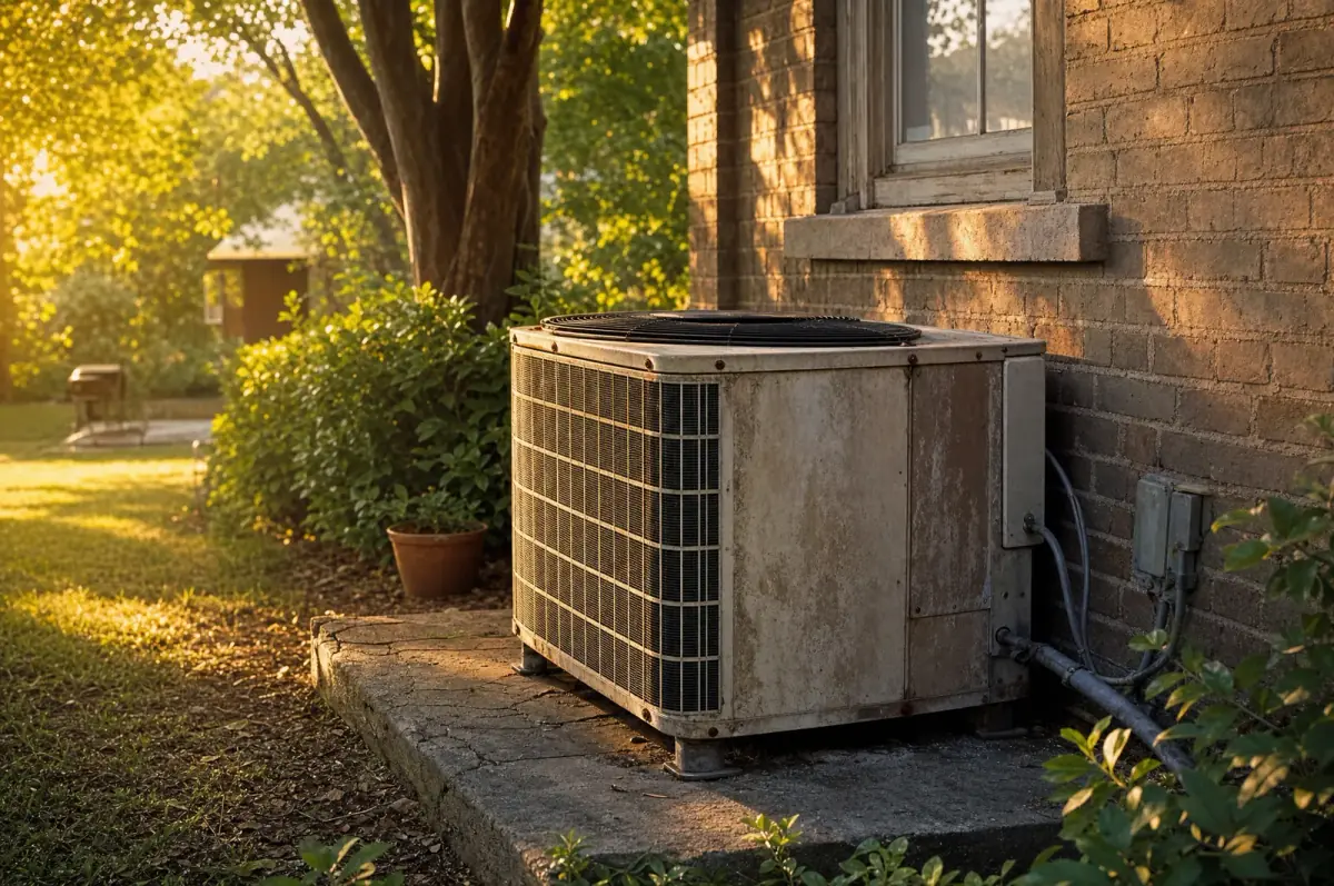 Aging outdoor AC condenser beside a brick home in Wylie, TX