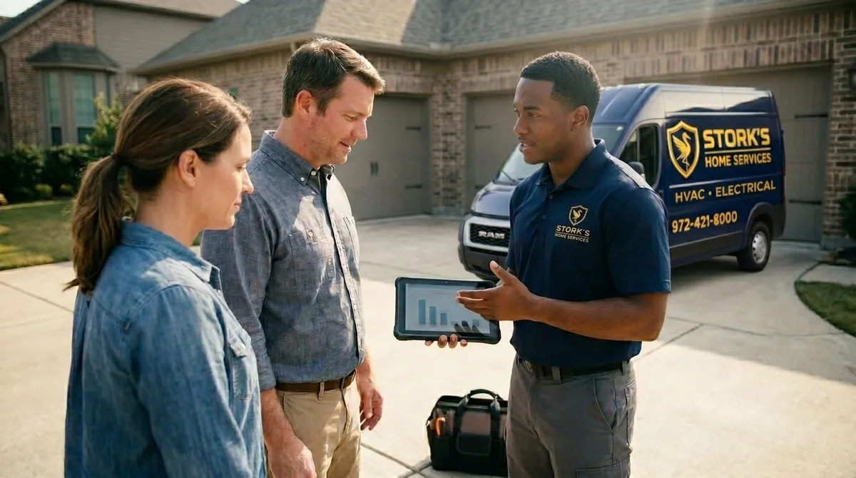 Stork's Home Services technician reviewing HVAC options with Wylie, TX homeowners