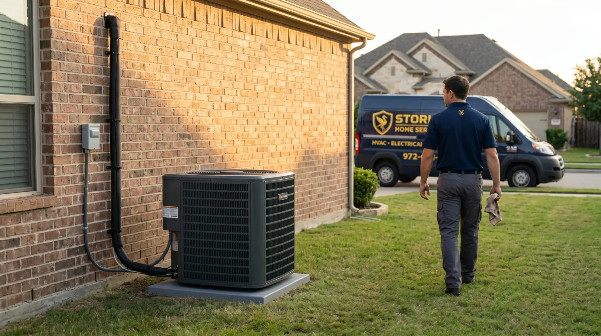 Stork's Home Services technician servicing an outdoor AC unit